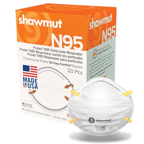 Shawmut Protex™ N95 Mask, Made in the USA NIOSH Approved, Particulate Respirators, Protective Face Mask for Dust, Construction, Medical, 1 Pack of 20 (Approval Number TC-84A-9295 / Model SR9520) - style: Standard (Pack of 20)