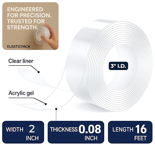 Double Sided Mounting Tape Heavy Duty - 2 in x 16 ft Clear Two Sided Nano Tape for Walls, 2mm Thick Adhesive for Picture Hanging, Reusable, Heat Resistant