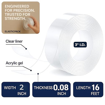 Double Sided Mounting Tape Heavy Duty - 2 in x 16 ft Clear Two Sided Nano Tape for Walls, 2mm Thick Adhesive for Picture Hanging, Reusable, Heat Resistant