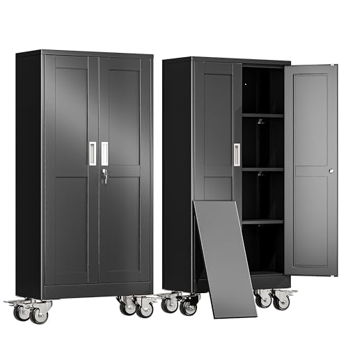 erosoei 61" H Metal Garage Storage Cabinet, Rolling Tool Cabinet with 2 Doors and Wheels, Locker Steel Cabinet with 3 Adjustable Shelves, Organization Cabinet for Garage,Office,Home,Gym,School（Black） - color: Black, size: 61"With wheels and locks