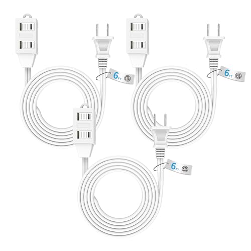 TiFFCOFiO Indoor Extension Cord, 2 Prong 6 Feet Extension Cord, 3 Polarized Outlets with Safety Slide Windows,13A/1625W, 16 AWG, 3 Packs - size: 3 Packs