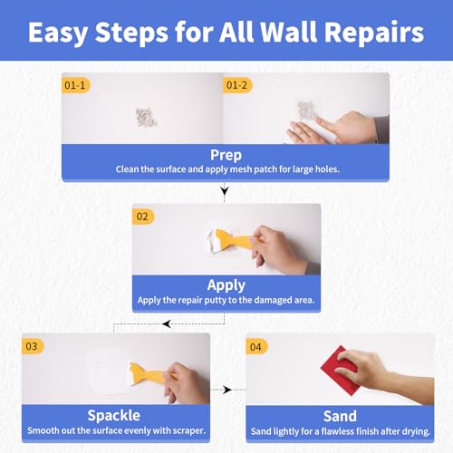 YKF Drywall Repair Kit (18 oz) - Spackle Paste with Scraper & Self-Adhesive Mesh - Quick Dry Waterproof Wall Repair for Holes, Cracks, Nail Holes, Dents - White - style: 18 oz Kit (with Scraper & Mesh Tape)