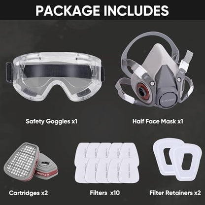 TICONN Reusable Respirator Mask with Filters, Gas Mask with Anti Fog Safety Glasses, Anti-Dust Half Face Cover Respirator