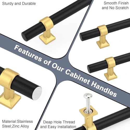 5Pack Hole Centers 5inch(128mm) Black Cabinet Handles with Brushed Brass Base T Shaped Kitchen Cabinet Pulls Hardware Pull Handle for Cabinets Dressers 7.5inch Total Length - color: Black with Brushed Brass Base, size: Hole Centers: 5inch