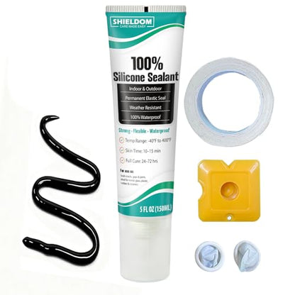 SHIELDOM Silicone Sealant Adhesive Silicone Caulk with Finishing Tool 100% Waterproof Seal Shrink & Crack Proof, Flexible, Strong Adhesion for Automotive, Bathroom, Kitchen, Windows 150ML/5Oz (Black) - color: Black