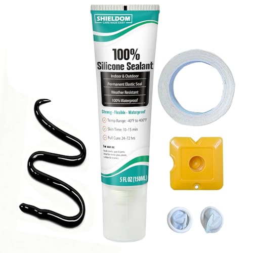 SHIELDOM Silicone Sealant Adhesive Silicone Caulk with Finishing Tool 100% Waterproof Seal Shrink & Crack Proof, Flexible, Strong Adhesion for Automotive, Bathroom, Kitchen, Windows 150ML/5Oz (Black) - color: Black