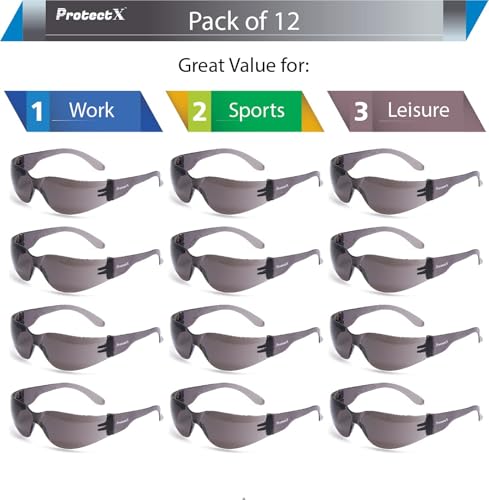 ProtectX Safety Glasses for Men & Women, Safety Sunglasses with Anti-Fog Scratch Resistant Lenses, Non-Slip Grips, ANSI Z87.1 - color: Skywalker Tinted Smoke 12 Pk