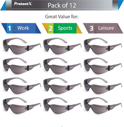 ProtectX Safety Glasses for Men & Women, Safety Sunglasses with Anti-Fog Scratch Resistant Lenses, Non-Slip Grips, ANSI Z87.1 - color: Skywalker Tinted Smoke 12 Pk