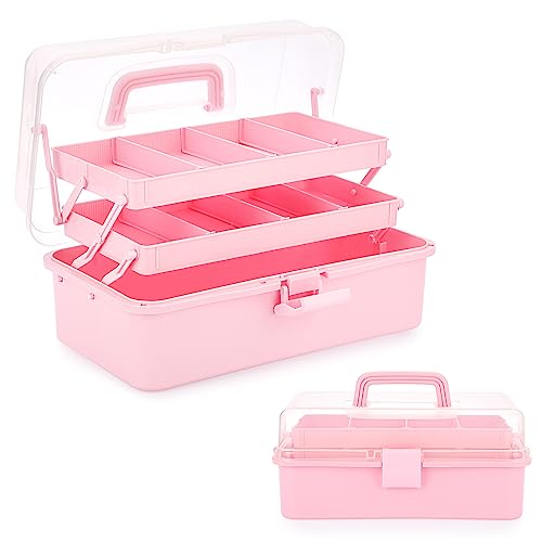 BTSKY 3-Layer Plastic Dividing Storage Box Craft Organizer and Storage with Adjustable Spacers Portable Handled Art Supply Organizer Multipurpose Home Utility Box Organizer (Pink) - color: Pink