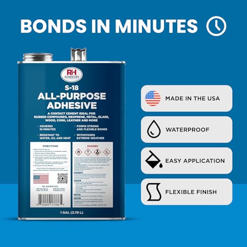 S-18 All-Purpose Adhesive, 1 Gallon - Multi-Purpose, Rubber, Metal, Leather, Felt, Wood, Neoprene, Glass, Flexible, Waterproof, Long Lasting - RH Adhesives - size: 1 gallon
