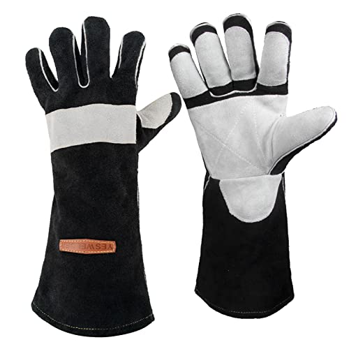 YESWELDER 16 Inches,932℉,Leather Forge MIG Welding Gloves, with Kevlar Stitching Heat/Fire Resistant, Palm Reinforcements, Black-Gray - size: Small (Pack of 1) one pair, style: Reinforced Palms and Fingers Black White
