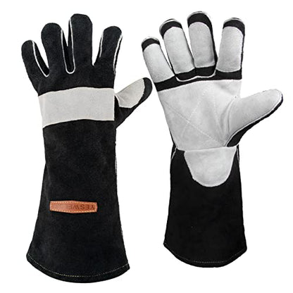 YESWELDER 16 Inches,932℉,Leather Forge MIG Welding Gloves, with Kevlar Stitching Heat/Fire Resistant, Palm Reinforcements, Black-Gray - size: Small (Pack of 1) one pair, style: Reinforced Palms and Fingers Black White