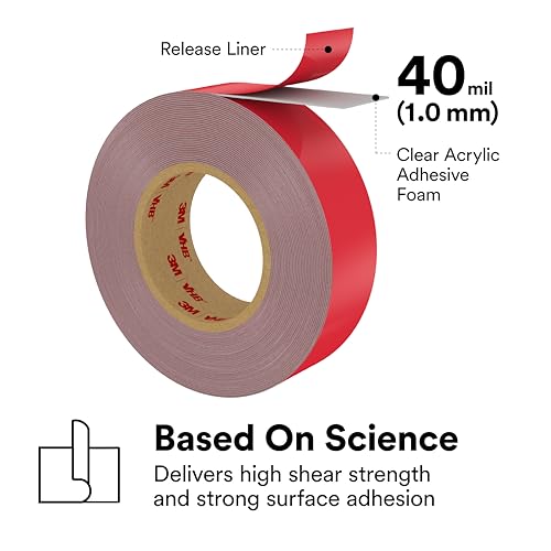 3M 4910 VHB Mounting Tape, Acrylic Foam, Permanent Bonding, Heavy Duty, Clear, 0.5 in x 5 yd, 1 Roll