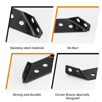 12Pcs Black Universal Stainless Steel Furniture Corner Connector with 80 Screws, Trapeziform Corner Brackets, Angle Corner Brace for Wood Shelves, Chair Drawer Cabinet Tables