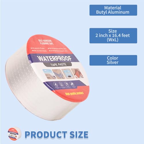 2" W X 16.4'L Waterproof Tape for Leaks Aluminum Butyl Tape with Adhesive for RV Repair, Glass Repairs, Air Mattress Patch, Window Caulking, Boat Sealing, Roof Patching - size: 2in x 16.4ft