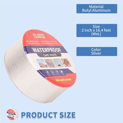 2" W X 16.4'L Waterproof Tape for Leaks Aluminum Butyl Tape with Adhesive for RV Repair, Glass Repairs, Air Mattress Patch, Window Caulking, Boat Sealing, Roof Patching - size: 2in x 16.4ft