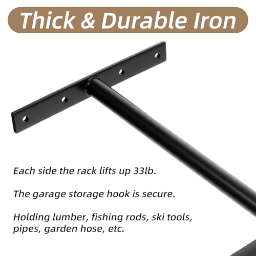 4 Pack Overhead Garage Storage Hooks, 17" Heavy Duty Ceiling Mount Hangers, Double T-Bar Metal Ladder Ceiling Racks, Hanging for Bike, Pipe Lumber, Fishing Rod, Sports Equipment