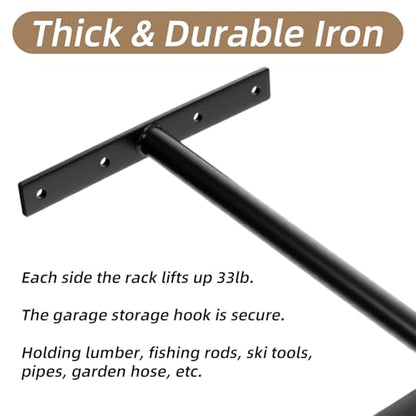 4 Pack Overhead Garage Storage Hooks, 17" Heavy Duty Ceiling Mount Hangers, Double T-Bar Metal Ladder Ceiling Racks, Hanging for Bike, Pipe Lumber, Fishing Rod, Sports Equipment