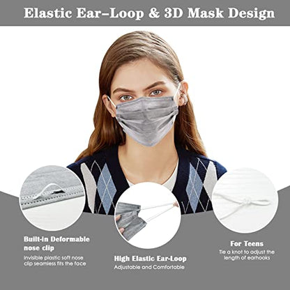 DC-BEAUTIFUL 100 Pcs Grey Disposable 3 Ply Earloop Face Masks,Fit for Adults - color: Grey