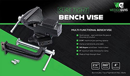 Wedge Guys Bench Vise w/Quick Release & Swivel + Removable Workbench Clamp, Rubber Clamp to Regrip Golf Clubs & More