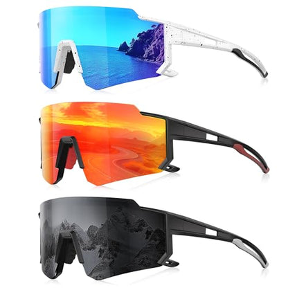 3 Pack Polarized Sunglasses for Men Women, Sports Mens Sunglasses with UV Protection for Baseball Cycling Running - color: A04-ice Blue/Red/Gray