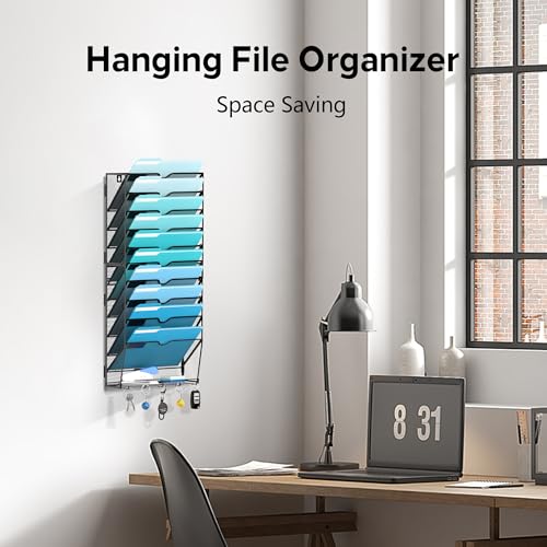 11 Tier Wall File Organizer - Hanging File Organizer with 5 Hooks, Mail Holder Wall Mounted for Papers, Folders, Magazines, Bills, Office&School Organization, Black - size: 11 Tier-Black