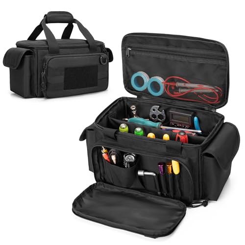 Rexmica Small Tool Bag with Anti-friction and Thick Padded Bottom, Tool Storage Organizer for Men, Tactical Bag, Range Bag, Multi-functional Work Tote for Repairman, Electrician, Carpenters, Handyman - color: Black