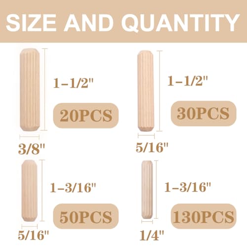 smseace 230Pcs Wooden Dowel Pins 1/4inch 5/16inch 3/8inch, Fluted Wood Dowels Rods for Crafts, Furniture, DIY Manual - size: 230Pcs Straight Wood Pin - 4 Sizes