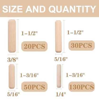 smseace 230Pcs Wooden Dowel Pins 1/4inch 5/16inch 3/8inch, Fluted Wood Dowels Rods for Crafts, Furniture, DIY Manual - size: 230Pcs Straight Wood Pin - 4 Sizes