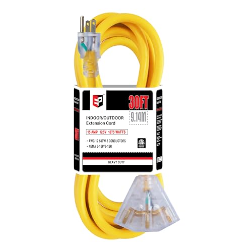 EP 30 Ft 12 Gauge Heavy Duty Extension Cord, 15A 125V 1875W, 3 Outlet Indoor/Outdoor Power Cord with Lighted End, 12/3 SJTW Weatherproof Yellow - color: Yellow, size: 30FT