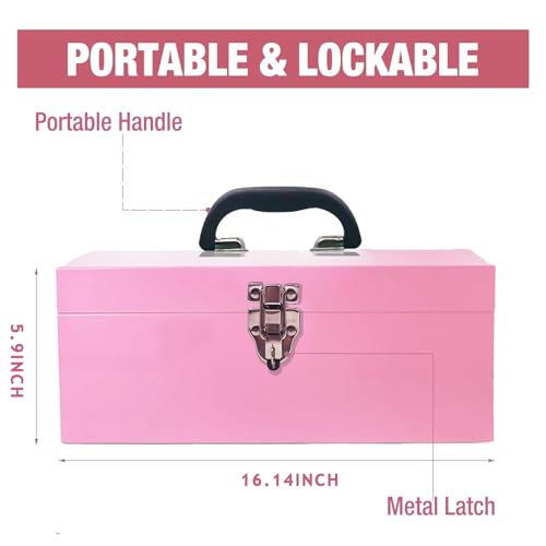 16" Pink Tool Box 18-Gauge Pink Tackle Box Portable Metal Toolbox Large Tool Box Drawer Organizer With Metal Latch and Handle - color: Pink