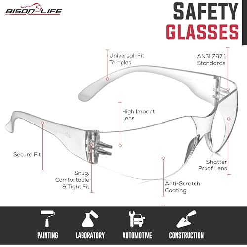 BISON LIFE Clear Safety Glasses – ANSI Z87.1 Scratch & Impact Resistant Wrap Around Eye Protection Goggles for Men & Women - color: Clear/Clear
