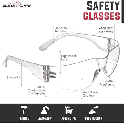 BISON LIFE Clear Safety Glasses – ANSI Z87.1 Scratch & Impact Resistant Wrap Around Eye Protection Goggles for Men & Women - color: Clear/Clear