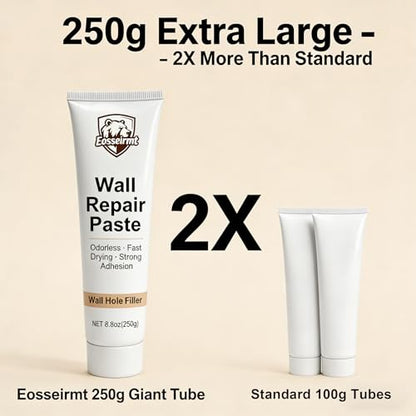 Wall Repair Paste – 2 Pack 250g (500g Total) Spackle for Nail Holes and Cracks, Zero VOC Odorless Wall Filler with 2 Inch Patches, Scraper, Sandpaper, Gloves, Fast Drying Paintable Compound
