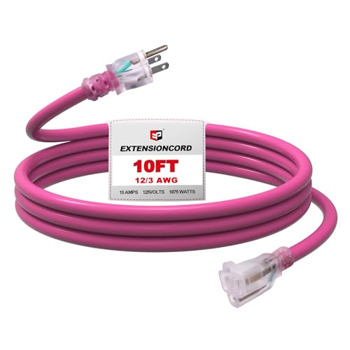 EP 10 Ft Outdoor Extension Cord, 12/3 SJTW Heavy Duty Waterproof Power Cable, 3 Prong Grounded Plug, Lighted End, for Lawn, Garden, Appliances, Pink - color: Pink, size: 10ft