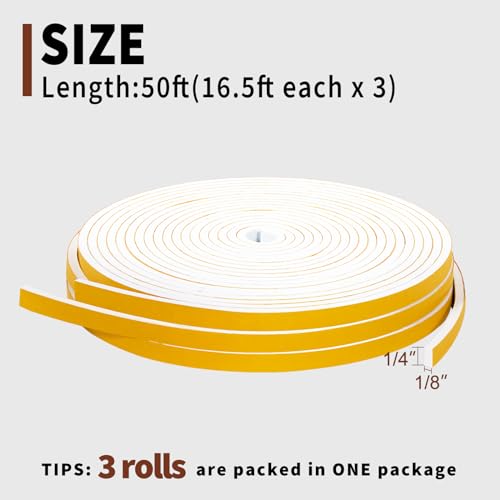 Yotache White Doors Windows Weather Stripping 1/4" x1/8", Foam Insulation Sealing Gasket Tape for Doors, Sliding Door, Total 50 Feet Long (3 X 16.5 Ft Each) - size: 1/4"x1/8"x 50ft