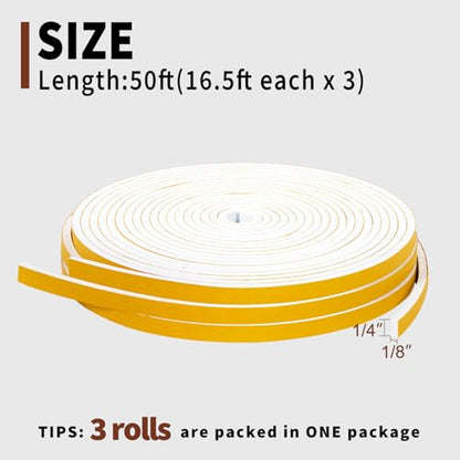 Yotache White Doors Windows Weather Stripping 1/4" x1/8", Foam Insulation Sealing Gasket Tape for Doors, Sliding Door, Total 50 Feet Long (3 X 16.5 Ft Each) - size: 1/4"x1/8"x 50ft
