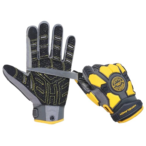 HANDLANDY Cut Resistant Work Gloves for Men with Touch screen, Utility Mechanic Gloves - color: Yellow Grey, size: Large