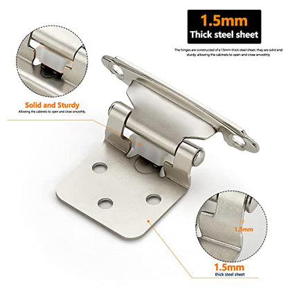 Ravinte 2 Pack 1 Pairs 1/2 Inch Overlay Cabinet Door Hinges Kitchen Satin Nickel Semi-Concealed Face Mount Self-Closing Cabinet Hinges with Bumpers & Screwdriver - size: 1/2 inch Overlay