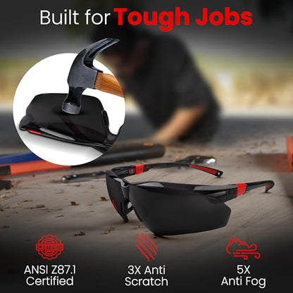 Safety Glasses – ANSI Z87 Certified, 5X Anti-Fog ClearShield™ Lenses with Premium Hard Case & Accessory Bundle - color: Red & Black / Tinted