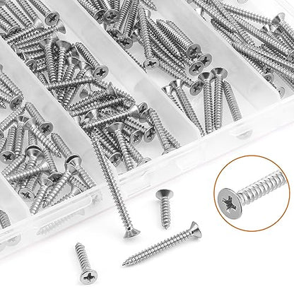 #4 x 1/2" 5/8" 3/4" 1" 1-1/4" Wood Screws Set, HELIFOUNER 200 Pieces Phillips Countersunk Head Self-Tapping Screws Assortment Kit, Phillips Flat Head Wood Screws, 304 Stainless Steel - size: #4