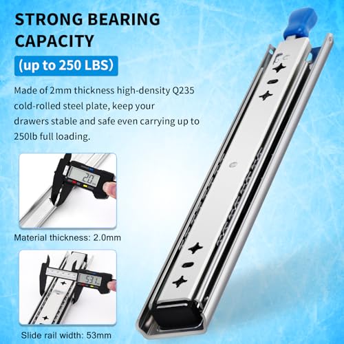 YENUO Heavy Duty Locking Drawer Slides Full Extension Runners with Lock 12 14 16 18 20 22 24 26 28 30 32 34 36 38 40 Inch Side Mount Ball Bearing Rails Track Glides 250 Lbs 1 Pair(W:53mm, 18 Inch) - size: 18 Inch, style: Load:250 lb (With lock) -W:53mm