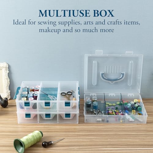 MyGift 11 Inch Clear Arts and Crafts Stackable Container, Sewing Supplies Storage Organizer Case with Blue Accents, 24 Customizable Compartments, and 6 Drawers with Removable Dividers - color: Blue