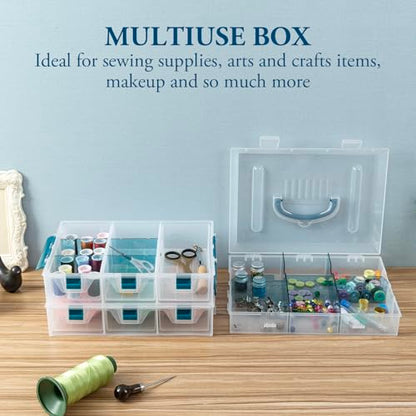 MyGift 11 Inch Clear Arts and Crafts Stackable Container, Sewing Supplies Storage Organizer Case with Blue Accents, 24 Customizable Compartments, and 6 Drawers with Removable Dividers - color: Blue