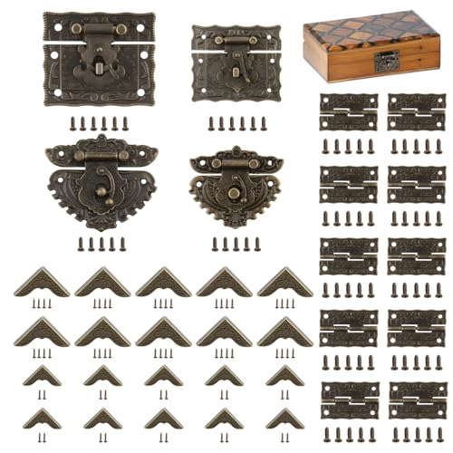 Vintage Jewelry Box Hardware Kit, Antique Brass Decorative Jewelry Box Latch and Hinge Hardware for Wooden Boxes Toolboxes Cabinets Small Woodworking Projects
