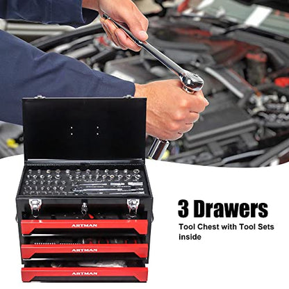 Runboll Mechanics Tool Set 339-Piece 3-Drawer Toolbox with Tools Kits Included, with pliers, ball hammer, screwdrivers, wrenches, Hex Keys, and More - color: Red, size: Toolbox w/ Kits