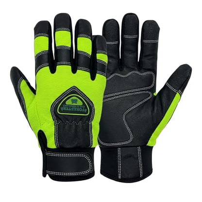 FORESTER Hi-Vis Chainsaw Gloves | Anti-Vibration Leather Safety Gloves for Chainsaw Work, Logging & Tree Cutting | Cut-Resistant Protection - size: XX-Large
