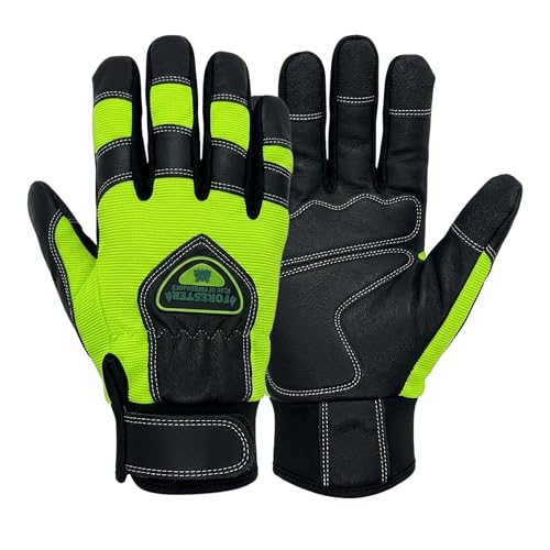 FORESTER Hi-Vis Chainsaw Gloves | Anti-Vibration Leather Safety Gloves for Chainsaw Work, Logging & Tree Cutting | Cut-Resistant Protection - size: XX-Large