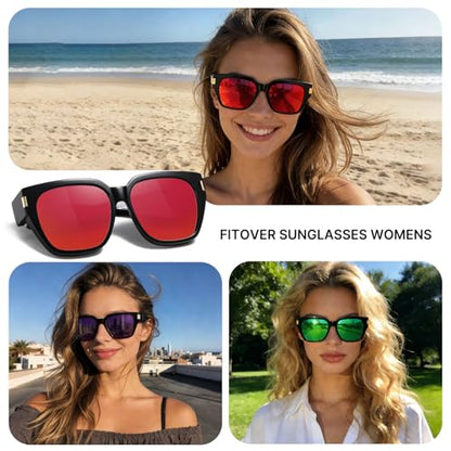 HAOLOTA Polarized Fit Over Glasses Sunglasses for Women Men Trendy Square Wrap Around Shades UV Protection - color: L Size 15 Black/Silver