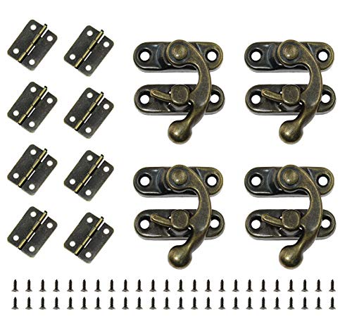 BokWin 8Pcs Mini Box Hinges，4 Sets Antique Right Latch Hasp with Matching Screws Kit for Decorative Cabinet Small Wooden Box Project